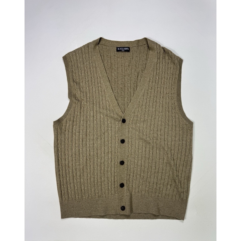 Kallspin Men 2XL Cashmere Wool Blend Cable Knit Sweater Vest Tan Button Up Golf